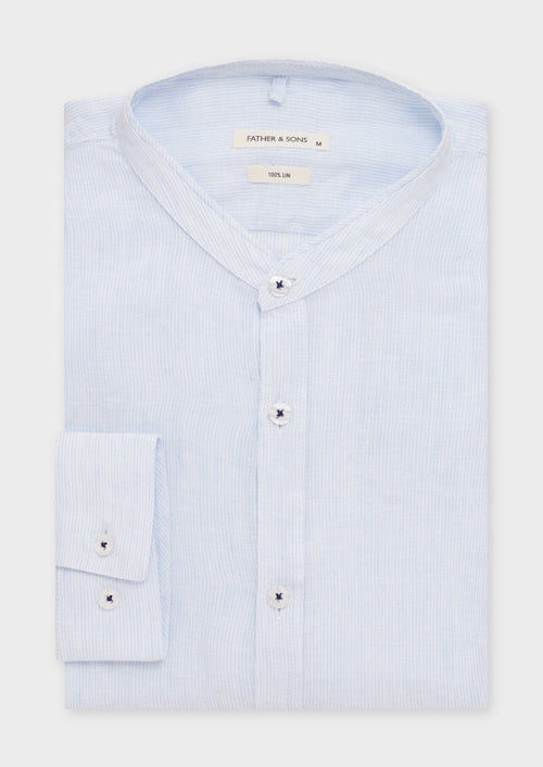 Chemise sport Slim en lin blanc à rayures bleu ciel à col officier - Father & Sons   - 2 