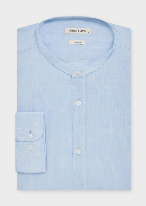 Chemise sport Slim en lin uni bleu ciel à col officier - Father & Sons   - 1 