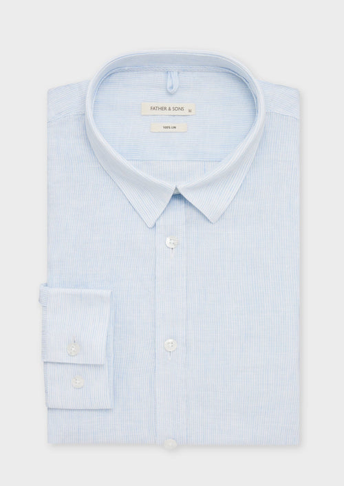 Chemise sport Slim en lin blanc à rayures bleu ciel - Father & Sons   - 1 