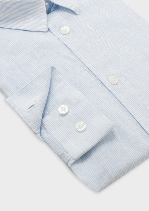 Chemise sport Slim en lin blanc à rayures bleu ciel - Father & Sons   - 2 