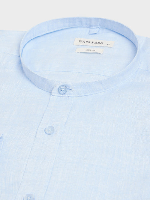 Chemise sport Slim en lin uni bleu ciel à col officier - Father & Sons   - 2 