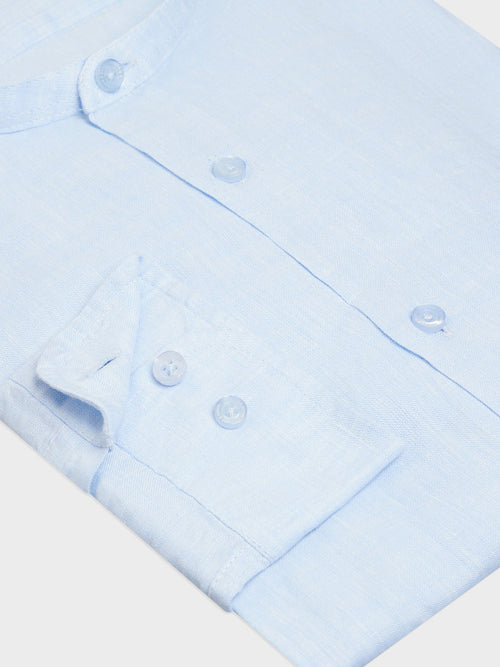 Chemise sport Slim en lin uni bleu ciel à col officier - Father & Sons   - 3 