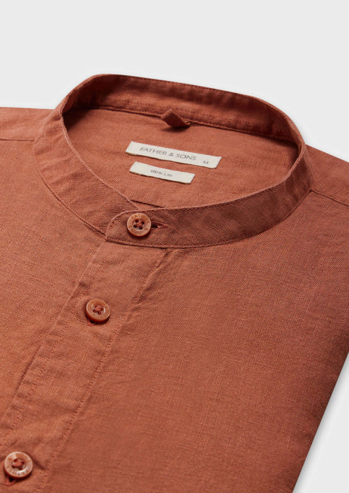 Chemise sport Slim en lin uni terracotta à col officier - Father & Sons   - 2 