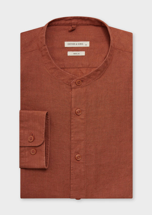 Chemise sport Slim en lin uni terracotta à col officier - Father & Sons   - 1 