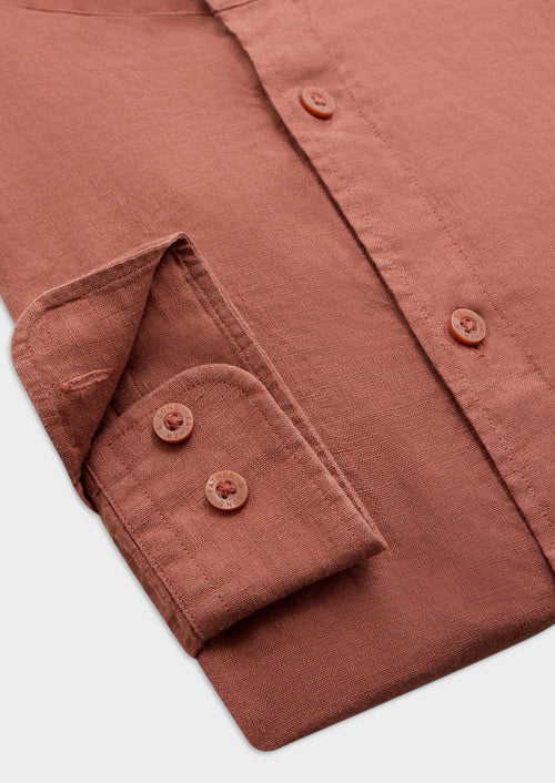 Chemise sport Slim en lin uni terracotta à col officier - Father & Sons   - 3 