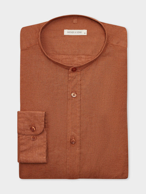 Chemise sport Slim en lin uni terracotta à col officier - Father & Sons   - 1 