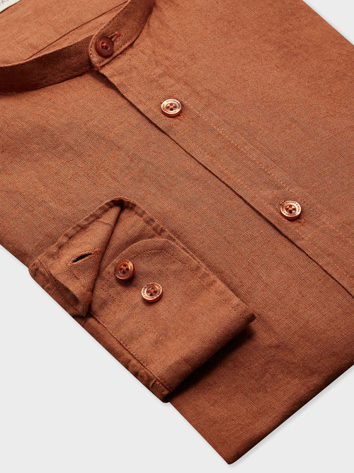 Chemise sport Slim en lin uni terracotta à col officier - Father & Sons   - 3 