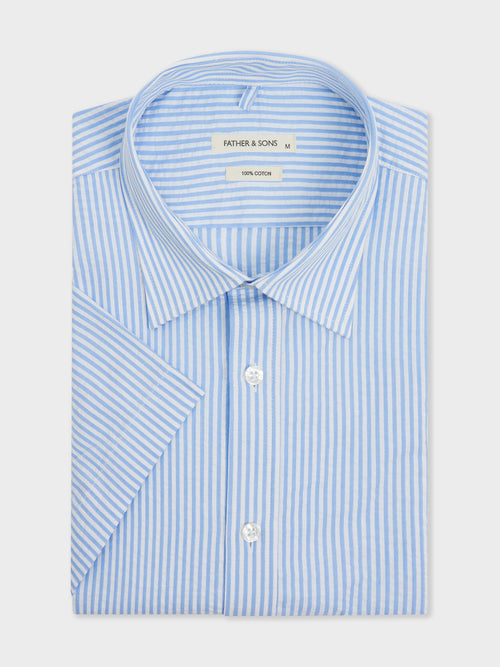 Chemise manches courtes Slim en popeline de coton bleu ciel à rayures - 1 - Father & Sons   - 9 