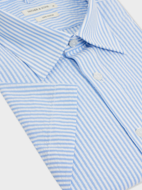 Chemise manches courtes Slim en popeline de coton bleu ciel à rayures - Father & Sons   - 3 