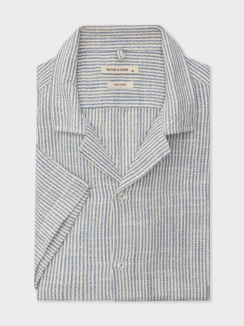 Chemise manches courtes Slim en popeline de coton beige à rayures bleues - Father & Sons   - 1 