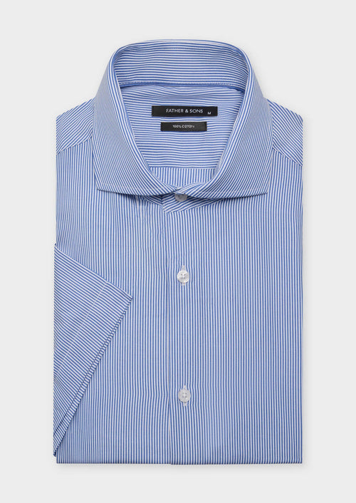 Chemise manches courtes Slim en coton Jacquard blanc à rayures bleu classique - 1 - Father & Sons   - 10 