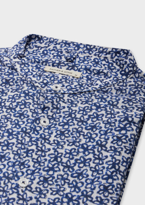 Chemise manches courtes Slim en popeline de coton et lin blancs à motif fleuri bleu à col officier - Father & Sons   - 2 