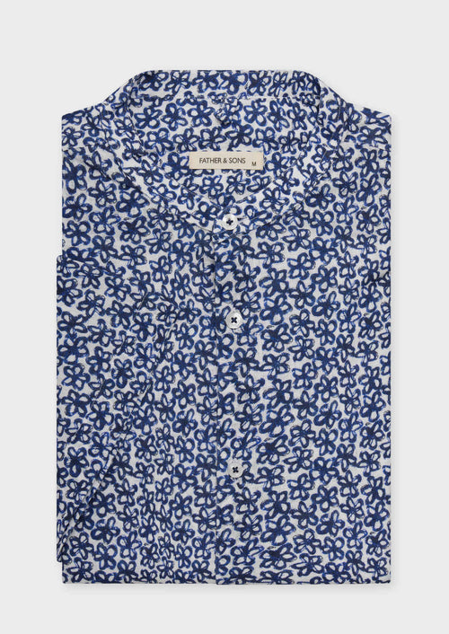 Chemise manches courtes Slim en popeline de coton et lin blancs à motif fleuri bleu à col officier - Father & Sons   - 1 