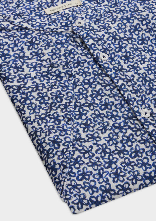 Chemise manches courtes Slim en popeline de coton et lin blancs à motif fleuri bleu à col officier - Father & Sons   - 3 