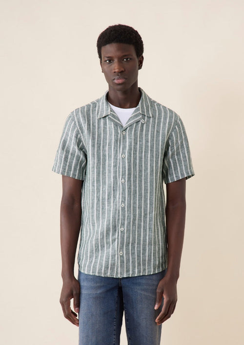 Chemise manches courtes Slim en popeline de lin kaki à rayures blanches - Father & Sons   - 2 