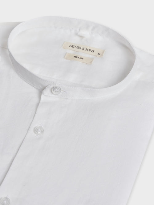 Chemise manches courtes Slim en popeline de lin uni blanc à col officier - Father & Sons   - 2 