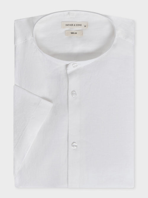 Chemise manches courtes Slim en popeline de lin uni blanc à col officier - Father & Sons   - 1 