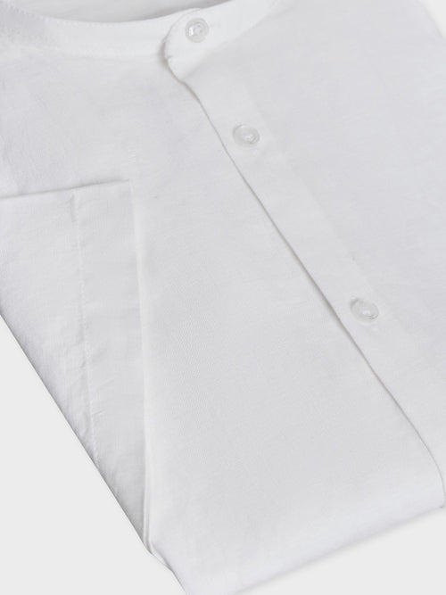 Chemise manches courtes Slim en popeline de lin uni blanc à col officier - Father & Sons   - 3 