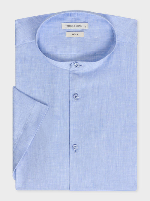 Chemise manches courtes Slim en popeline de lin uni bleu ciel à col officier - 1 - Father & Sons   - 15 