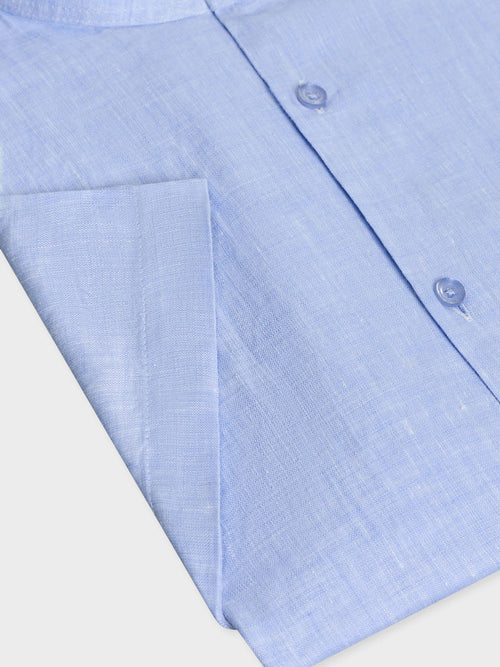 Chemise manches courtes Slim en popeline de lin uni bleu ciel à col officier - Father & Sons   - 3 