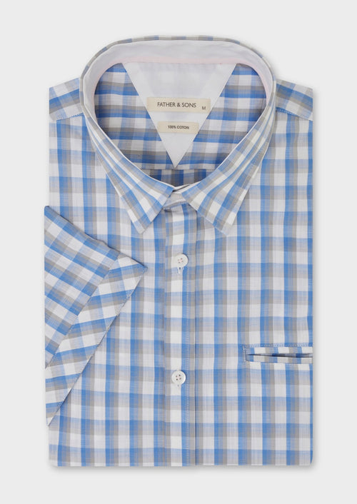 Chemise manches courtes Slim en popeline de coton bleu ciel à carreaux - Father & Sons   - 1 