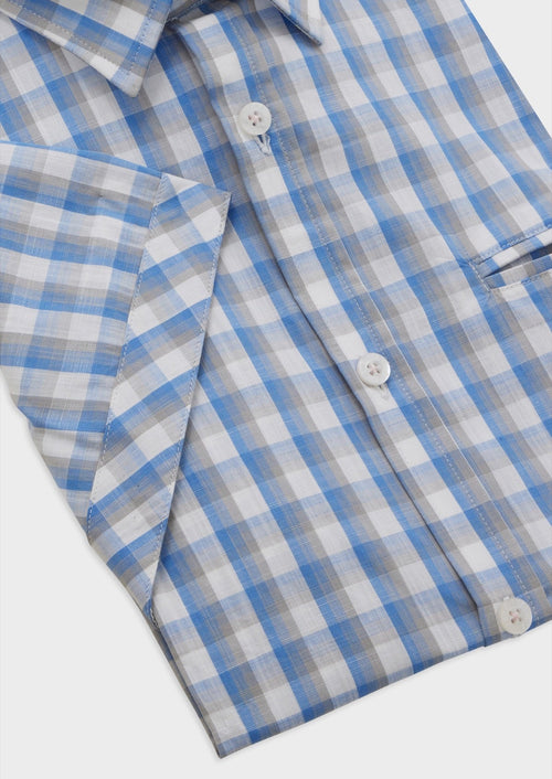 Chemise manches courtes Slim en popeline de coton bleu ciel à carreaux - Father & Sons   - 3 