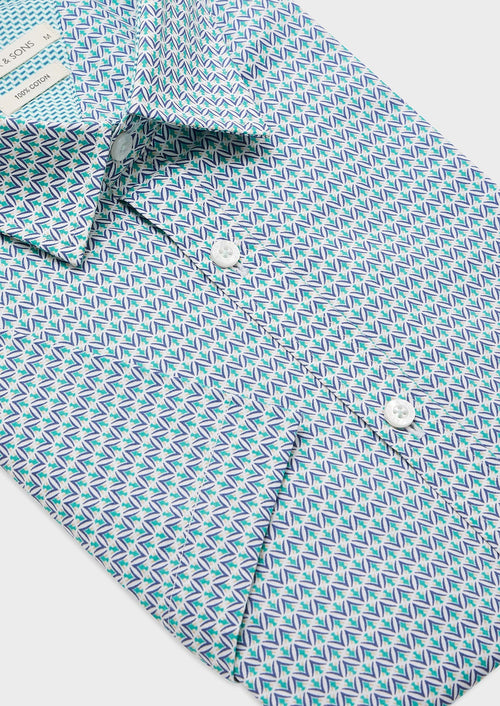 Chemise manches courtes en popeline de coton blanc à motif fantaisie vert turquoise et bleu - Father & Sons   - 2 