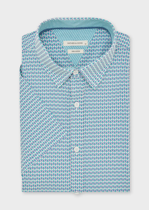 Chemise manches courtes en popeline de coton blanc à motif fantaisie vert turquoise et bleu - Father & Sons   - 1 