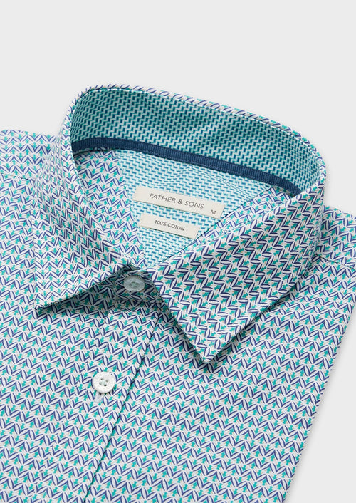 Chemise manches courtes en popeline de coton blanc à motif fantaisie vert turquoise et bleu - Father & Sons   - 3 