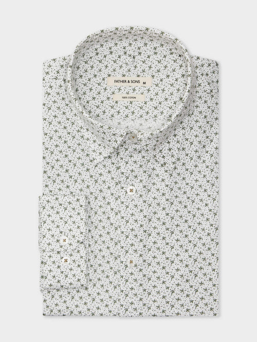 Chemise Slim en popeline de coton blanc à motif fleuri kaki - 1 - Father & Sons   - 1 