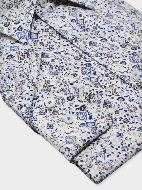 Chemise Slim en popeline de coton à motif fleuri bleu - Father & Sons   - 3 