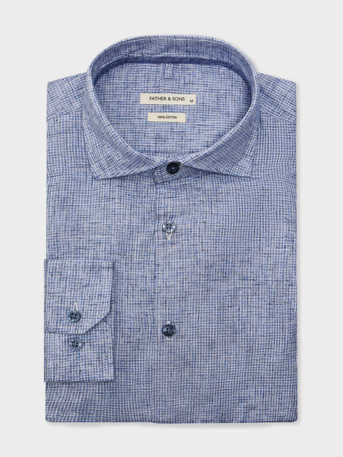 Chemise Slim en popeline de coton bleu indigo à carreaux - Father & Sons   - 1 