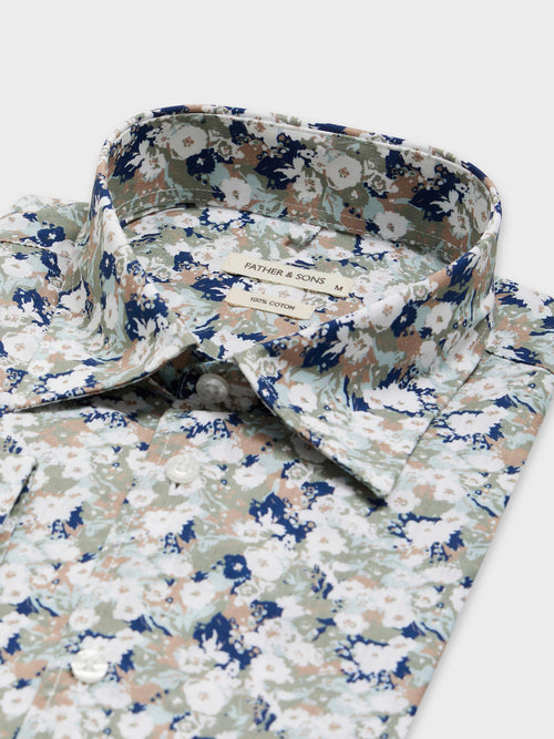 Chemise Slim en popeline de coton à motif fleuri kaki et bleu - 2 - Father & Sons   - 3 