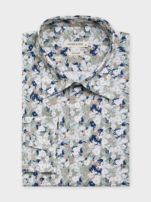 Chemise Slim en popeline de coton à motif fleuri kaki et bleu - 1 - Father & Sons   - 17 