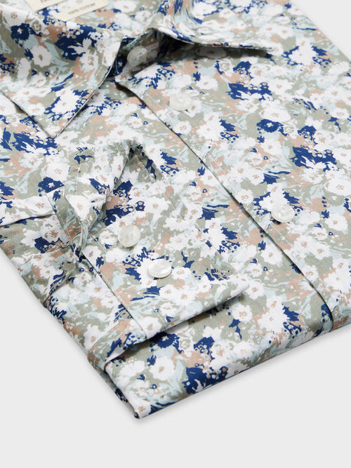 Chemise Slim en popeline de coton à motif fleuri kaki et bleu - Father & Sons   - 3 