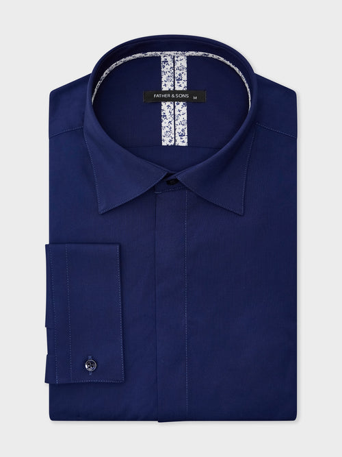 Chemise Slim en satin de coton stretch bleu marine - Father & Sons   - 1 