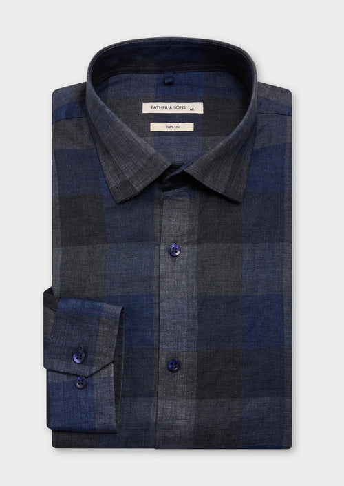 Chemise sport Regular en lin bleu marine à carreaux gris - 1 - Father & Sons   - 4 