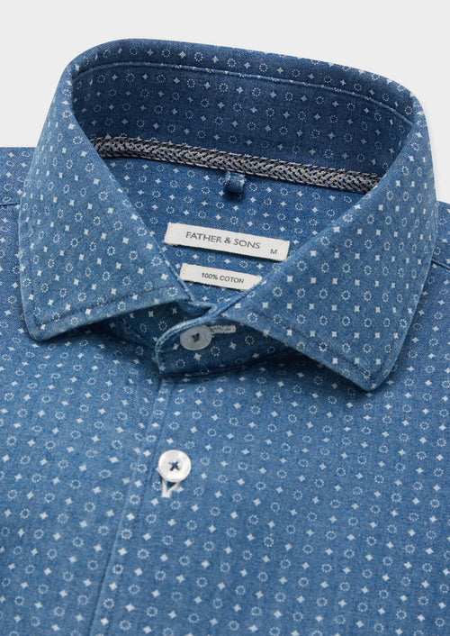 Chemise sport Regular en pinpoint de coton bleu glacier à motif fantaisie blanc - 2 - Father & Sons   - 8 