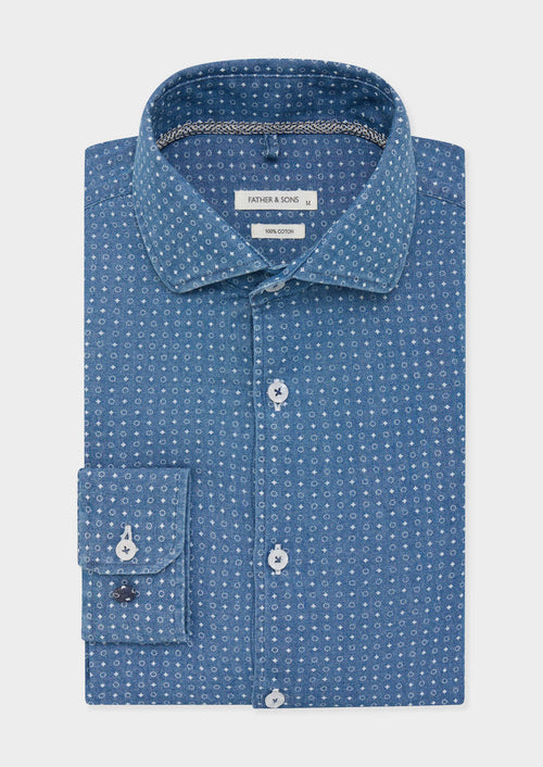 Chemise sport Regular en pinpoint de coton bleu glacier à motif fantaisie blanc - 1 - Father & Sons   - 8 