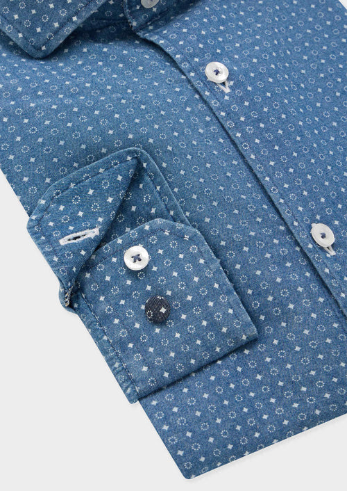 Chemise sport Regular en pinpoint de coton bleu glacier à motif fantaisie blanc - Father & Sons   - 3 