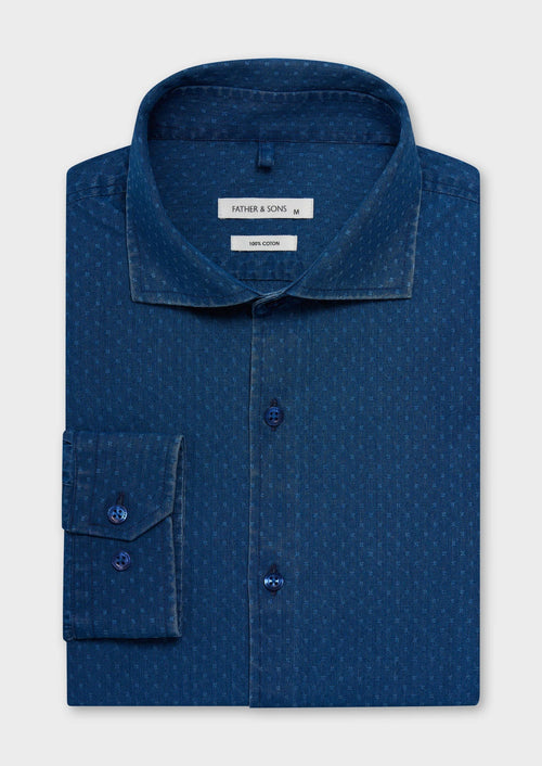 Chemise sport Regular en coton façonné bleu indigo à motif fantaisie - Father & Sons   - 1 