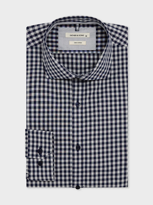 Chemise Slim en popeline de coton bleu marine à carreaux blancs - 1 - Father & Sons   - 12 