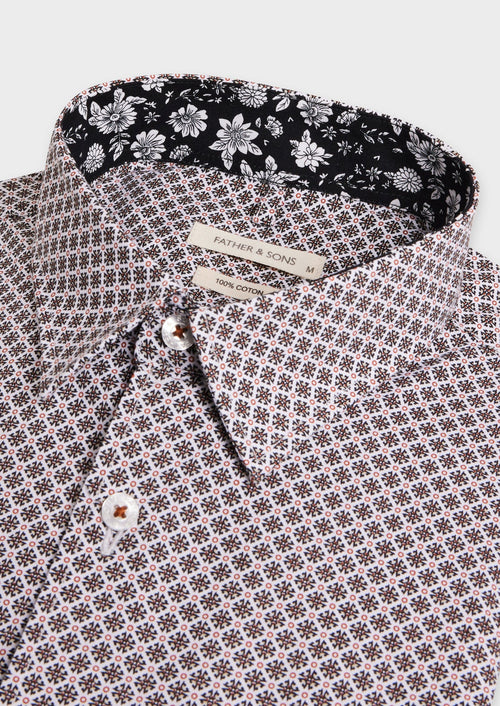 Chemise sport Slim en popeline de coton blanc à motif fantaisie noir et marron - Father & Sons   - 2 