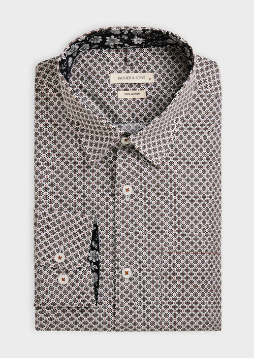 Chemise sport Slim en popeline de coton blanc à motif fantaisie noir et marron - 1 - Father & Sons   - 8 