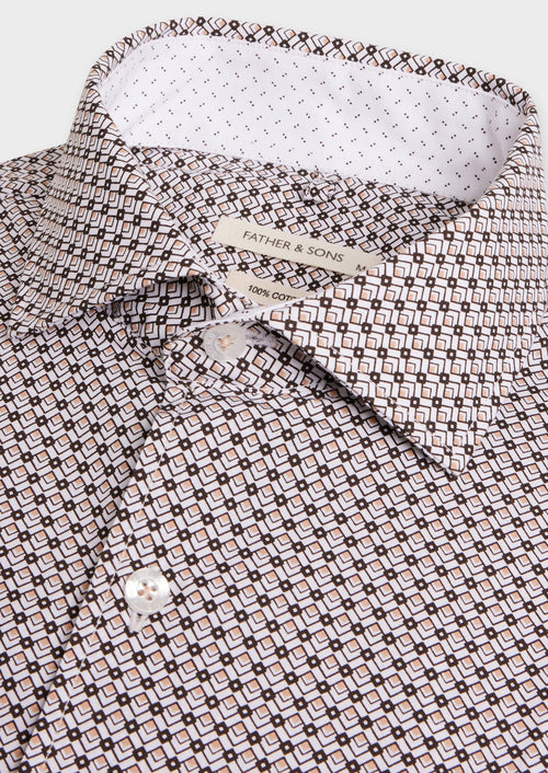 Chemise sport Slim en popeline de coton blanc à motif fantaisie marron - Father & Sons   - 2 