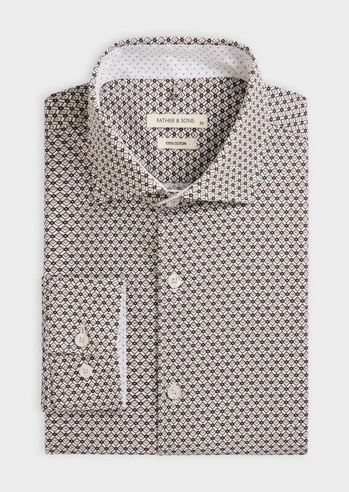 Chemise sport Slim en popeline de coton blanc à motif fantaisie marron - 1 - Father & Sons   - 7 