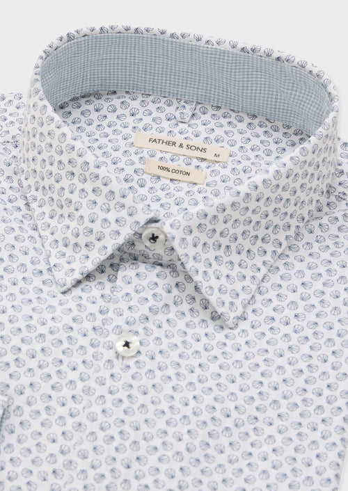 Chemise sport Slim en popeline de coton blanc à motif fantaisie bleu - Father & Sons   - 2 