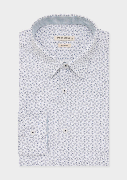 Chemise sport Slim en popeline de coton blanc à motif fantaisie bleu - Father & Sons   - 1 