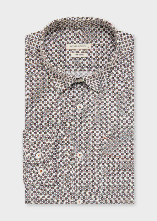 Chemise sport Slim en popeline de coton blanc à motif fantaisie noir et marron - Father & Sons   - 1 