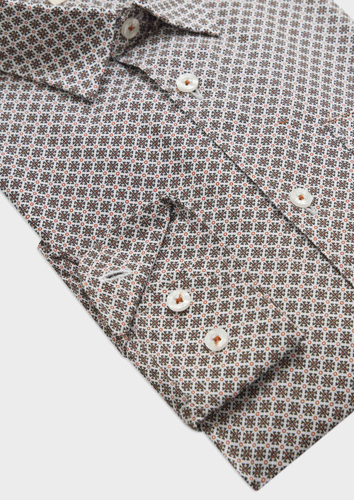 Chemise sport Slim en popeline de coton blanc à motif fantaisie noir et marron - Father & Sons   - 3 